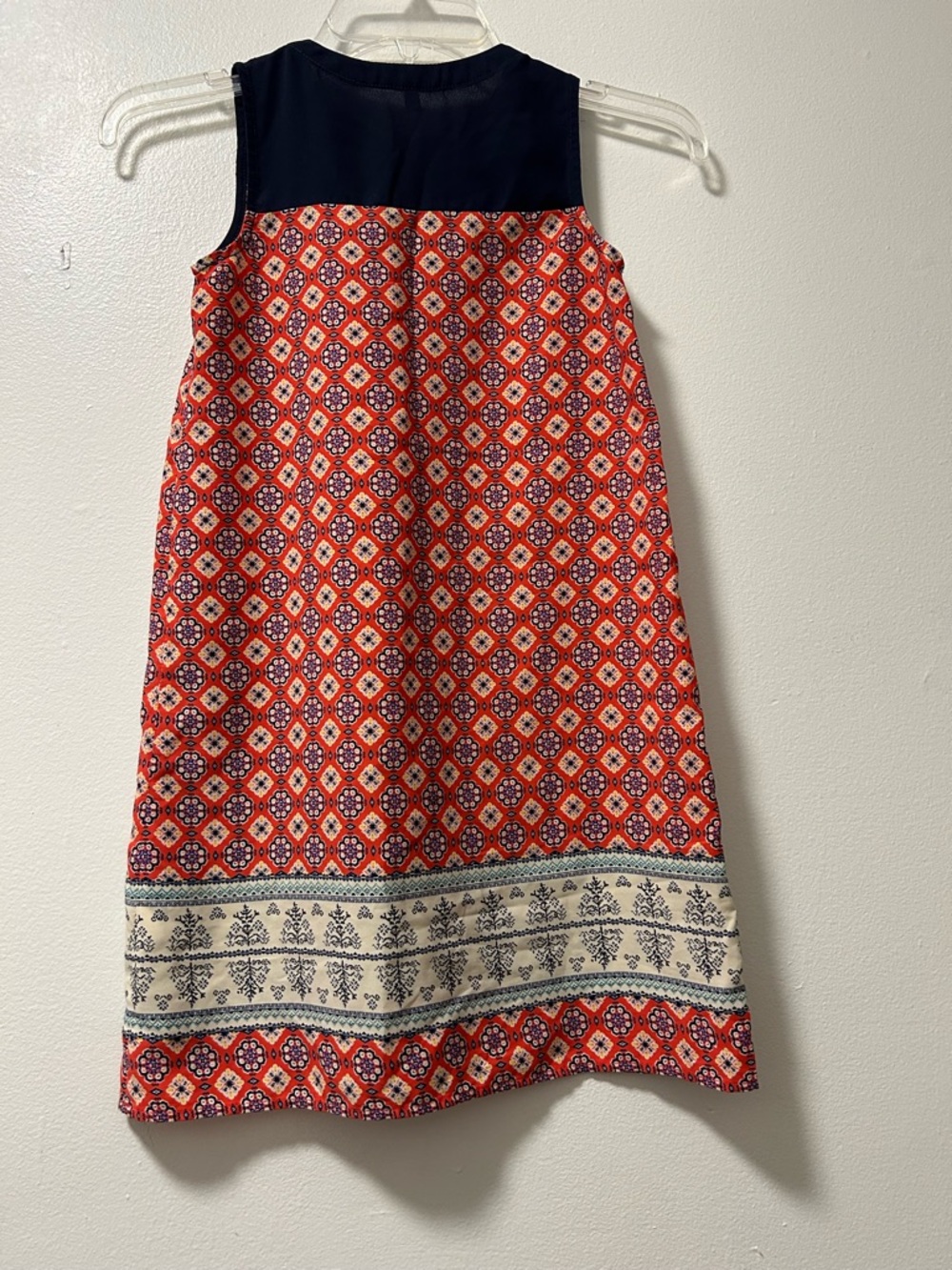 Sleeveless Patterned Red A-Line with Navy Yoke dress for girls.